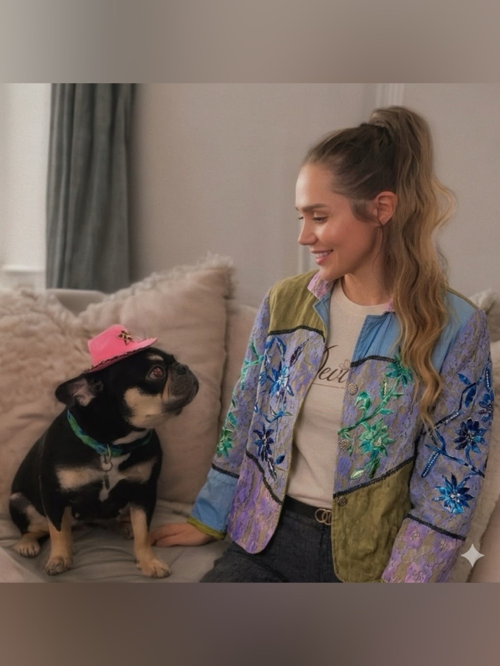 Indigo Patchwork Embroidered Jacket in Lavender, Olive & Sky Blue Lace Sparkle